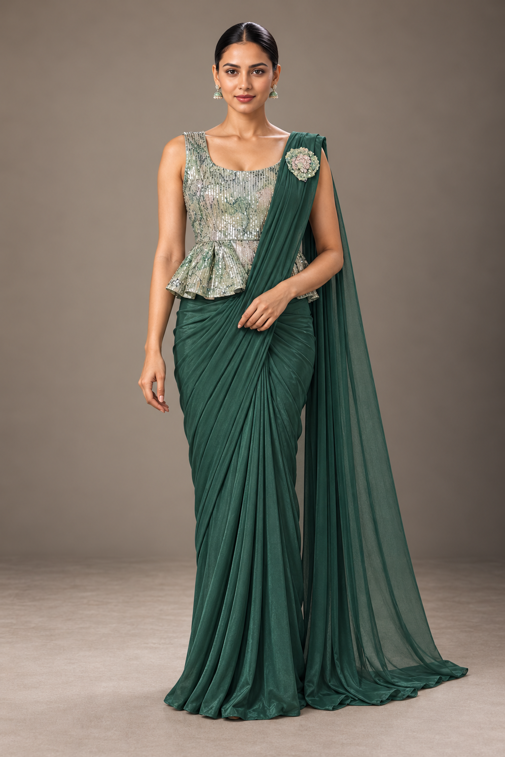 SYLE emerald green saree with sequin peplum blouse front view