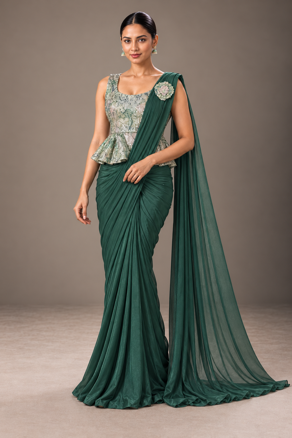 SYLE emerald green saree full front studio view