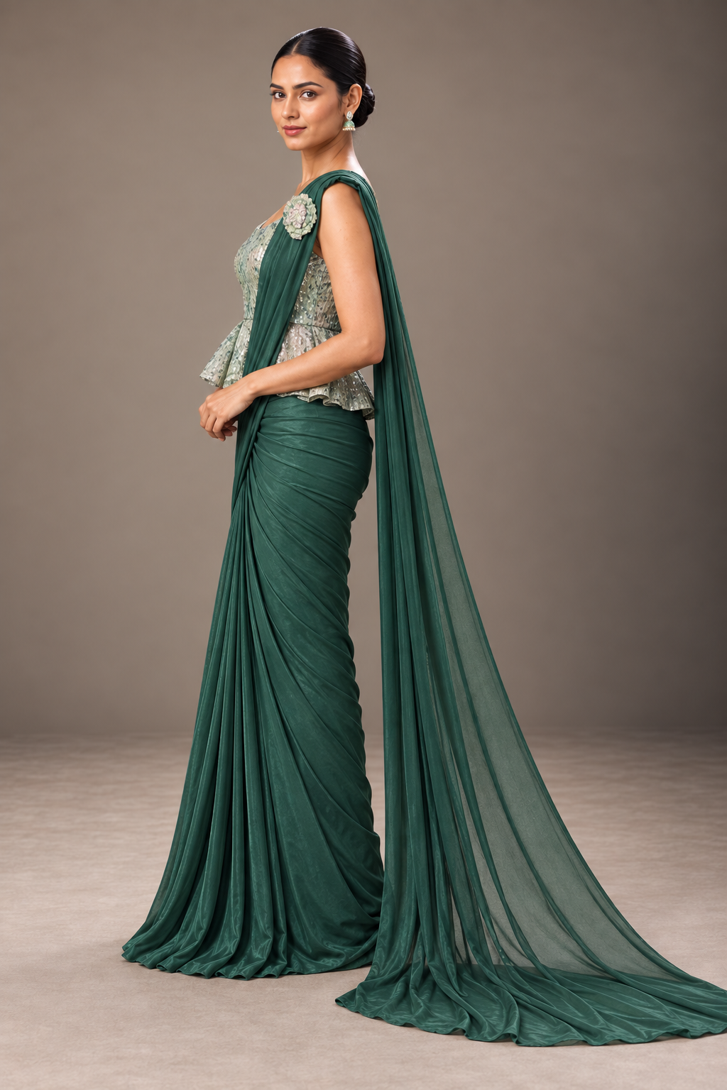 SYLE emerald green saree three quarter view
