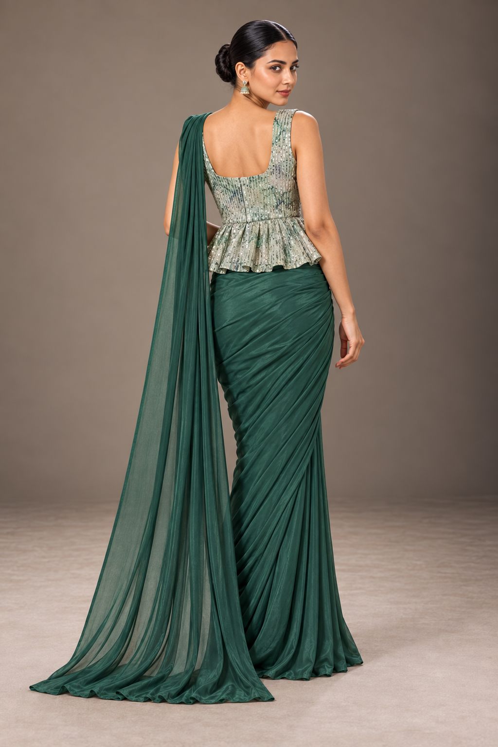 SYLE emerald green saree back view