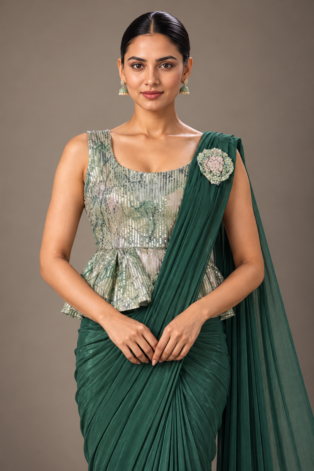 SYLE emerald green saree elegant studio view