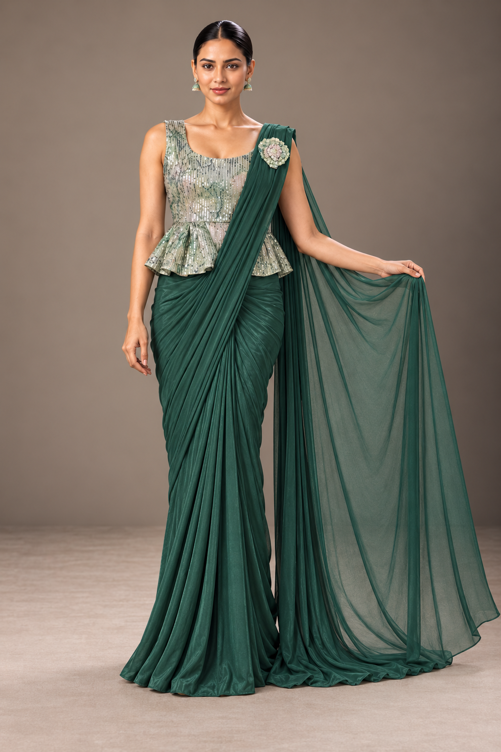 SYLE emerald green saree sheer pallu view
