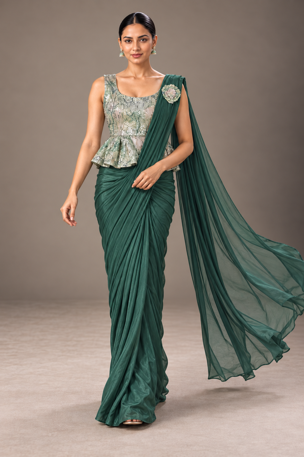 SYLE emerald green saree walking studio view