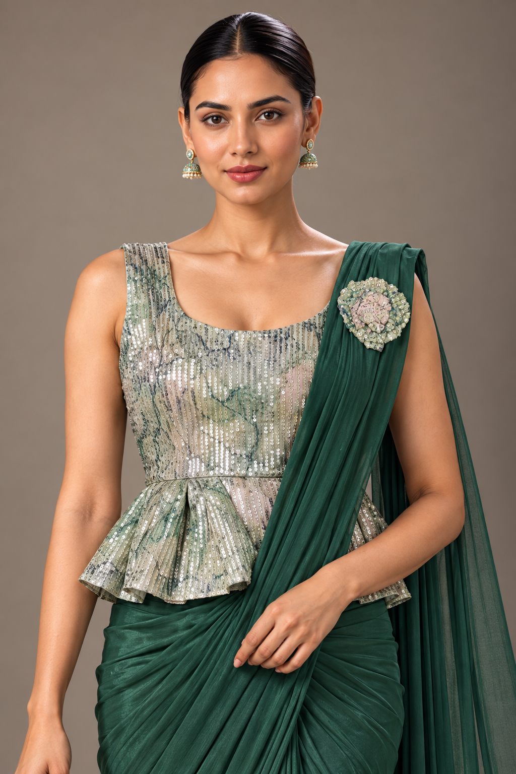 SYLE emerald green saree sequin peplum blouse detail