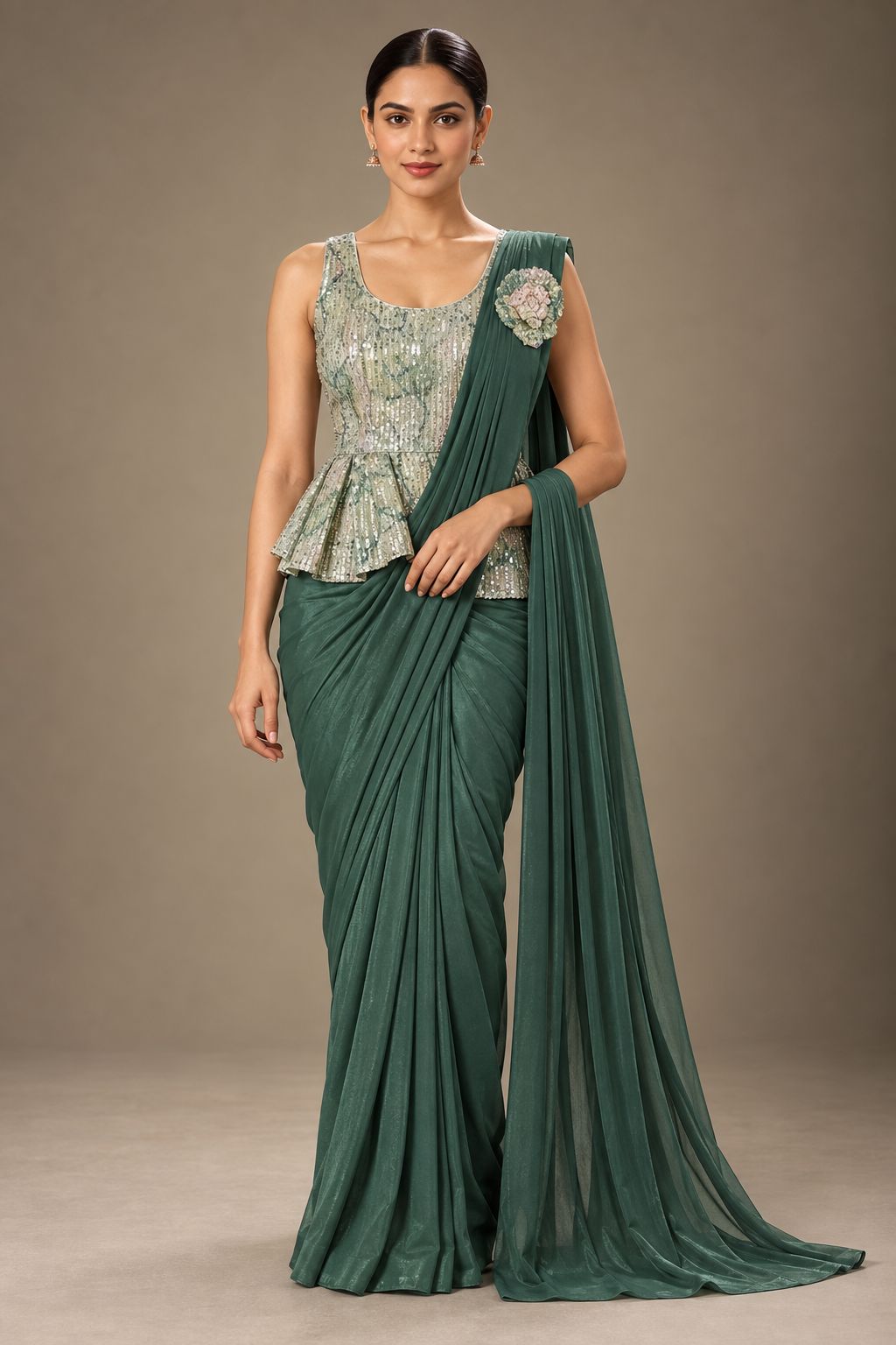 SYLE deep green saree alternate full view