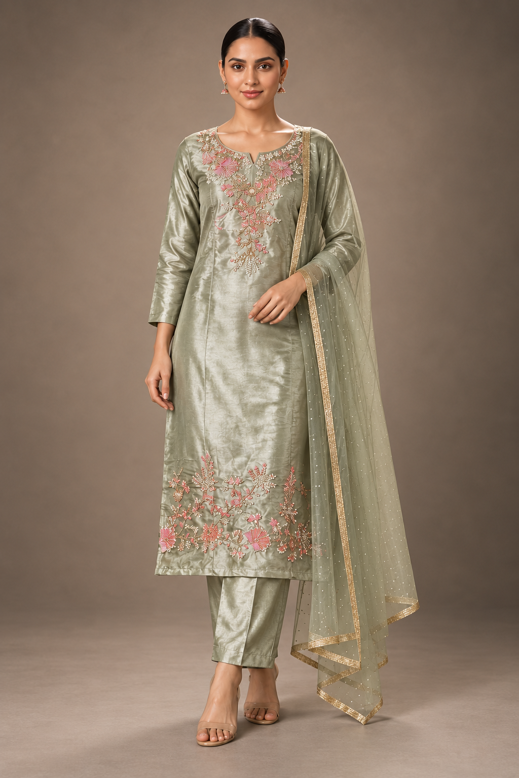 SYLE Meher sage rose embroidered suit set front view