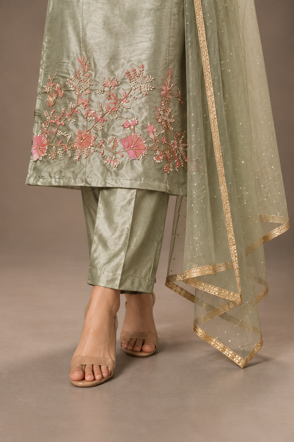SYLE Meher sage rose embroidered suit set hem and dupatta detail