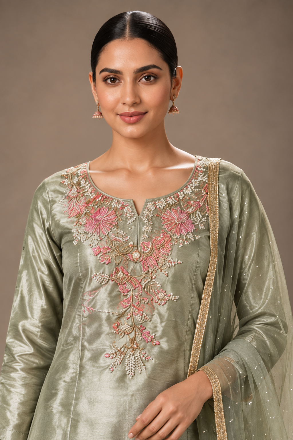 SYLE Meher sage rose embroidered suit set neckline embroidery detail