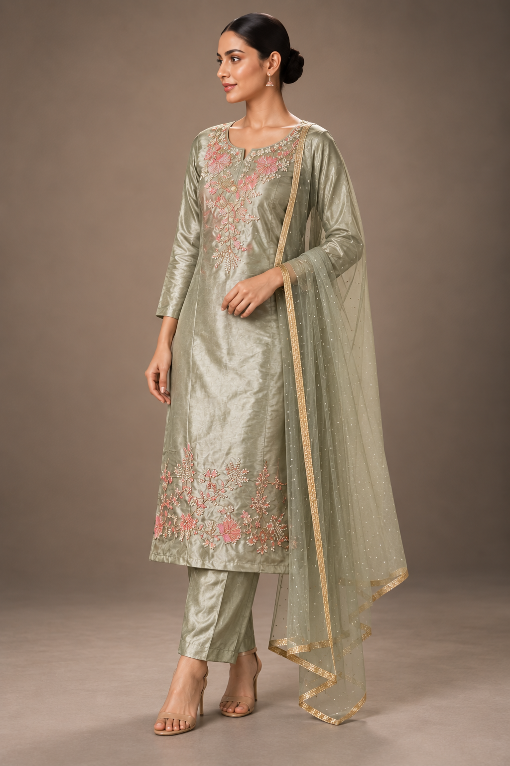 SYLE Meher sage rose embroidered suit set three quarter view