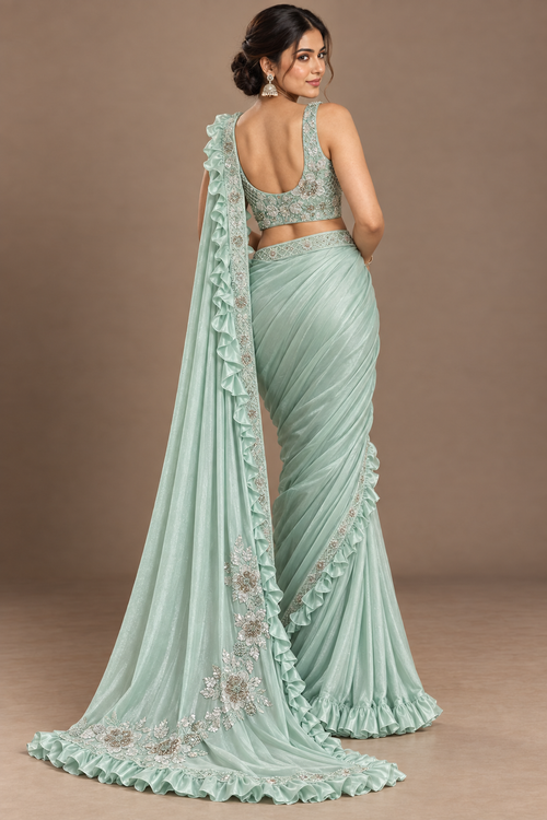 SYLE mint embellished saree front full-length view