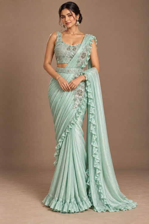 SYLE mint embellished saree alternate front view