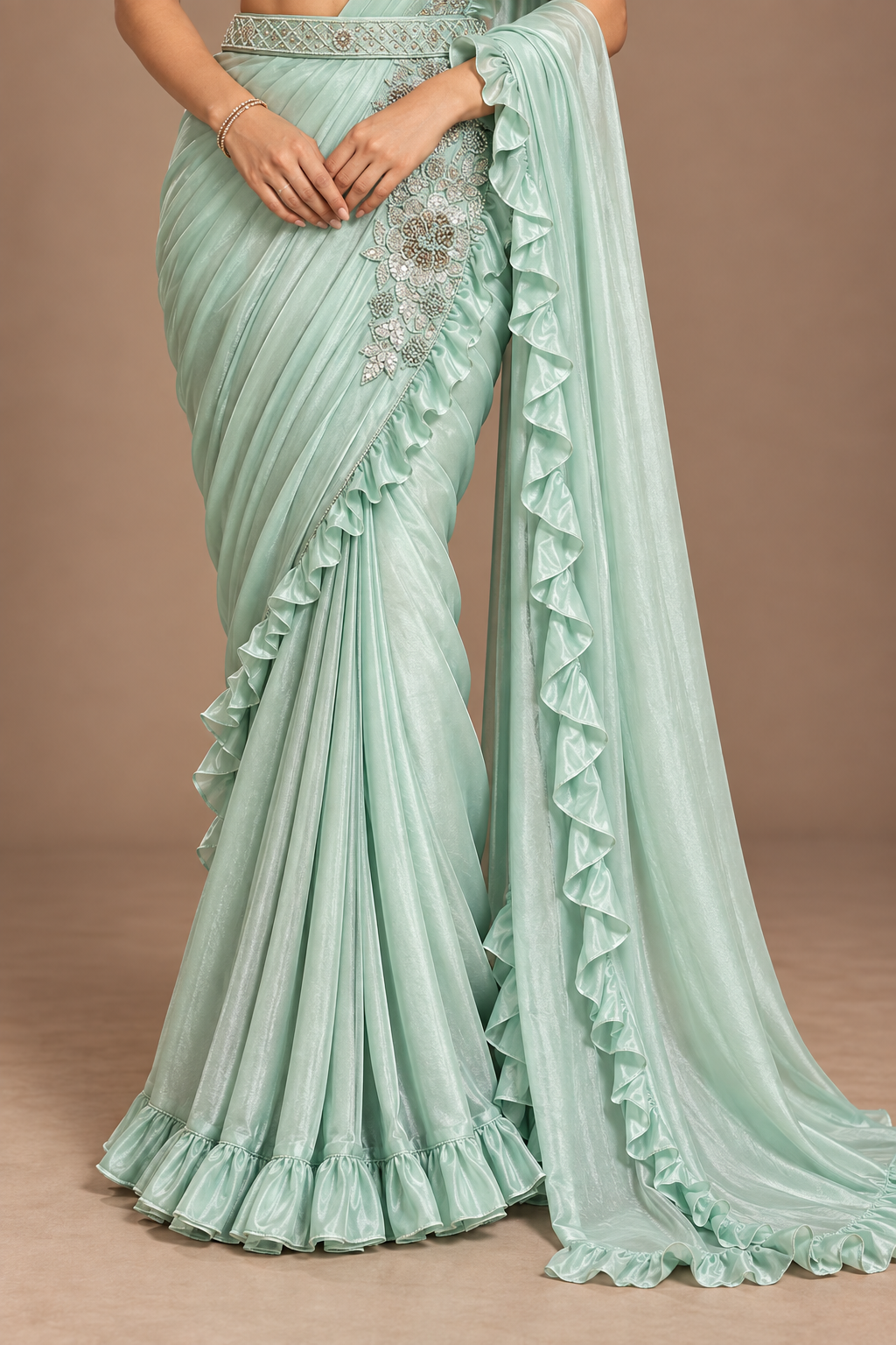 SYLE mint saree embroidered drape detail
