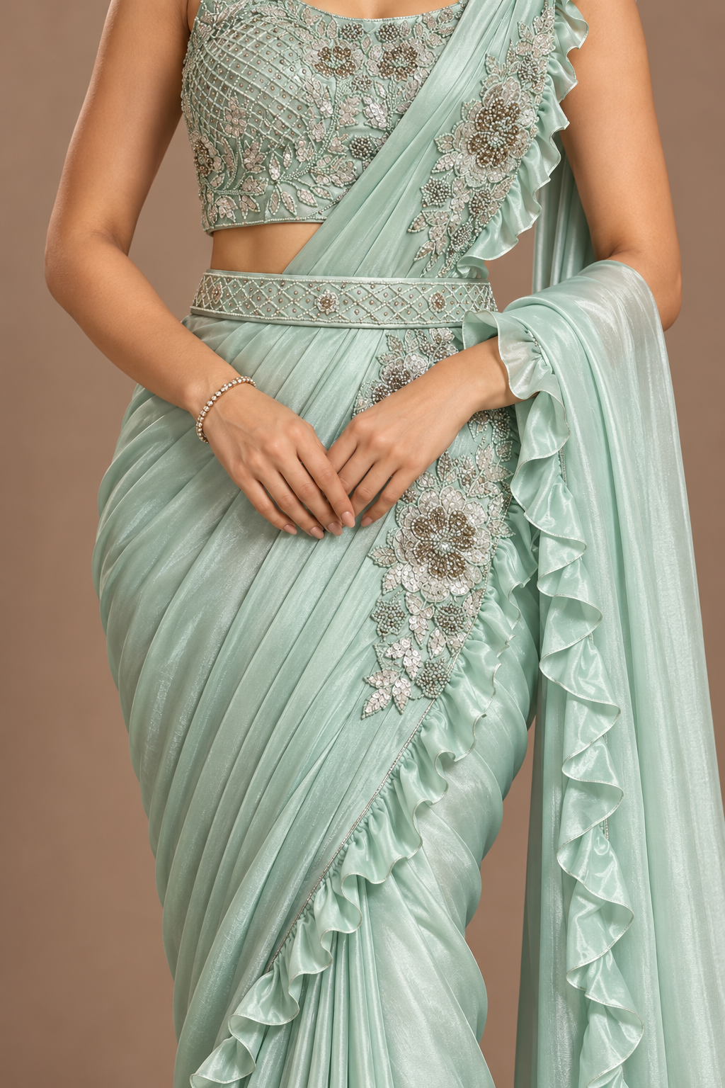 SYLE mint embellished saree studio portrait