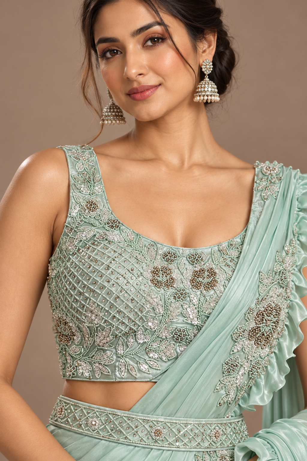 SYLE mint green saree editorial detail