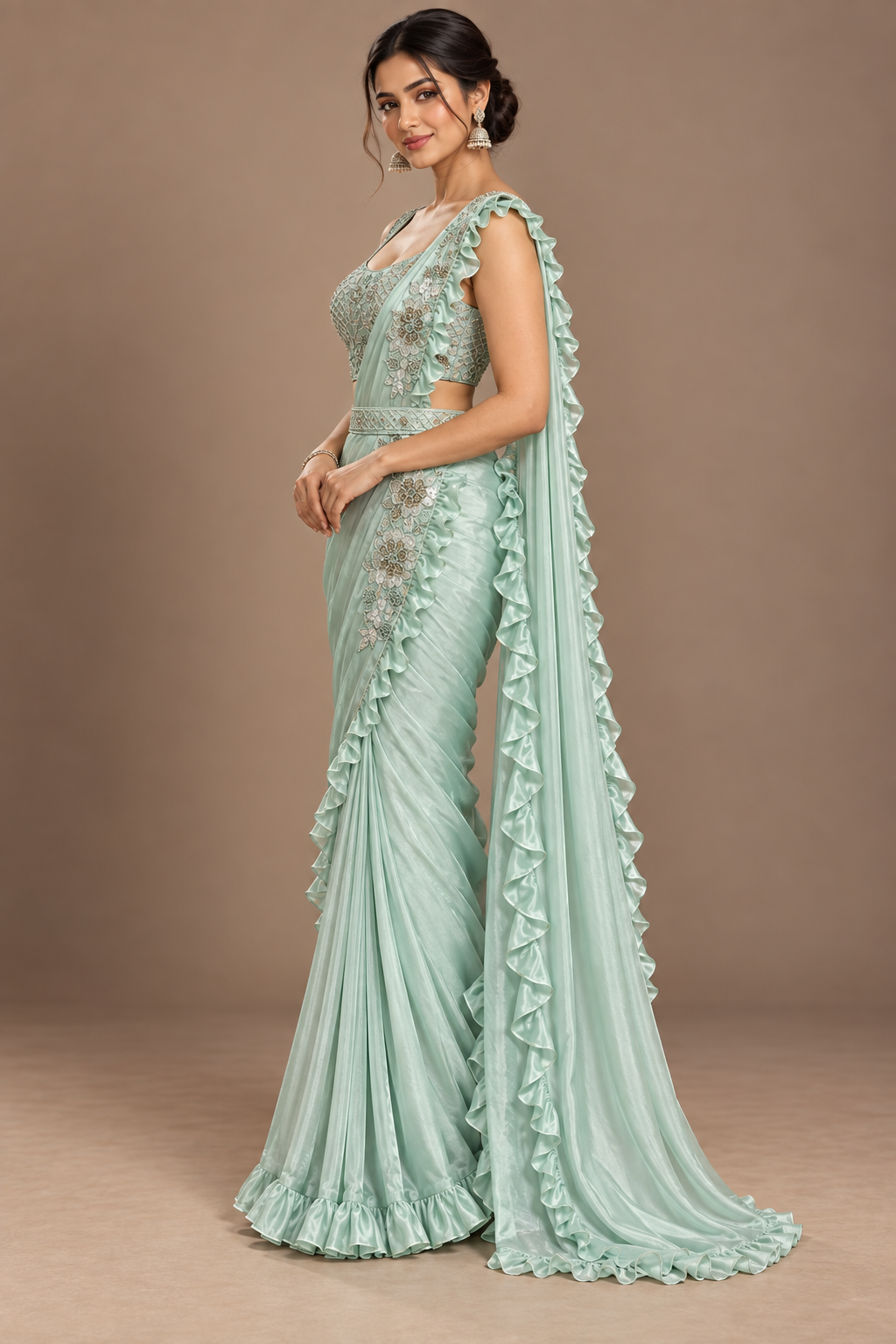 SYLE mint ruffled saree close-up