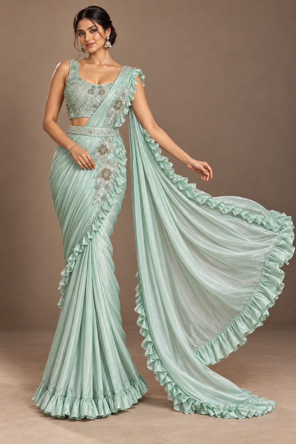 SYLE mint green saree flowing pallu view