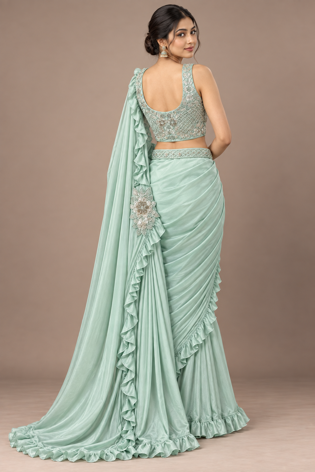 SYLE mint green saree back view
