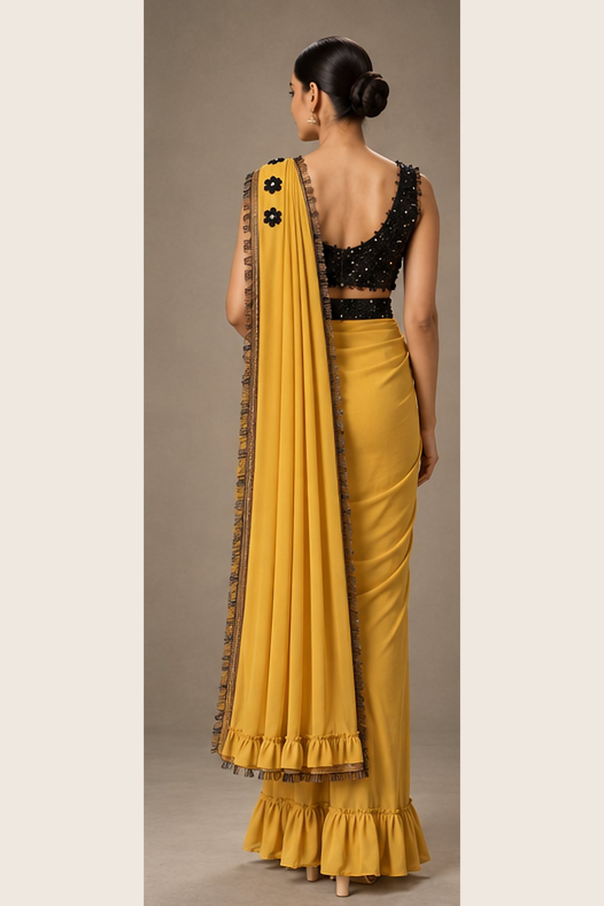 SYLE Ziya Mustard Black Saree back view