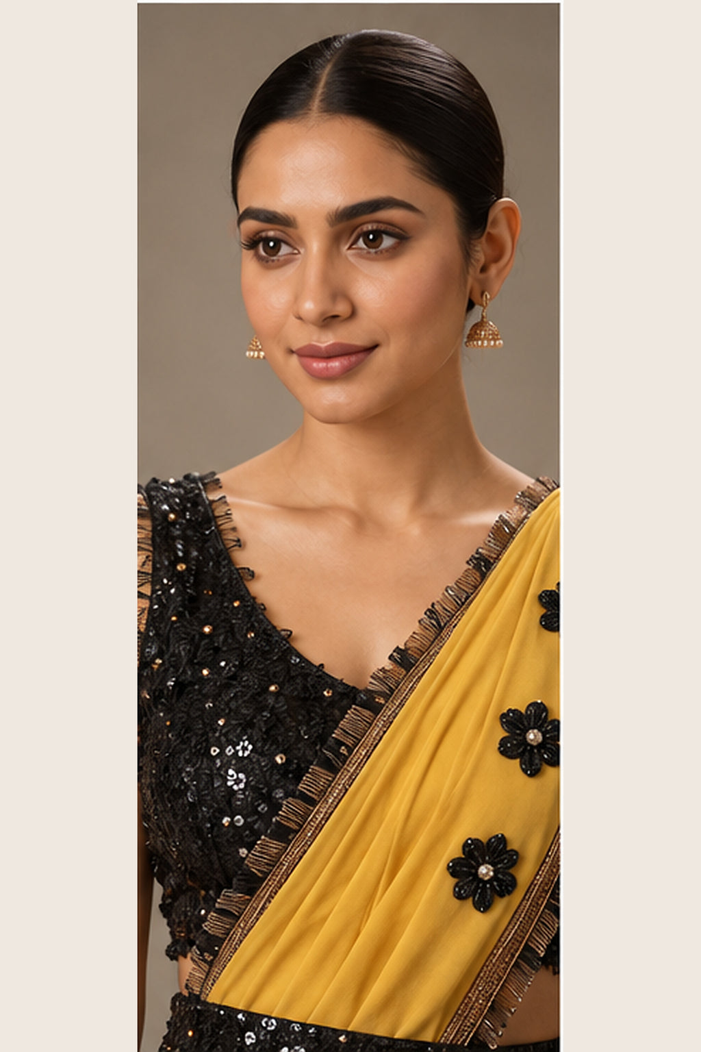 SYLE Ziya Mustard Black Saree blouse and border detail