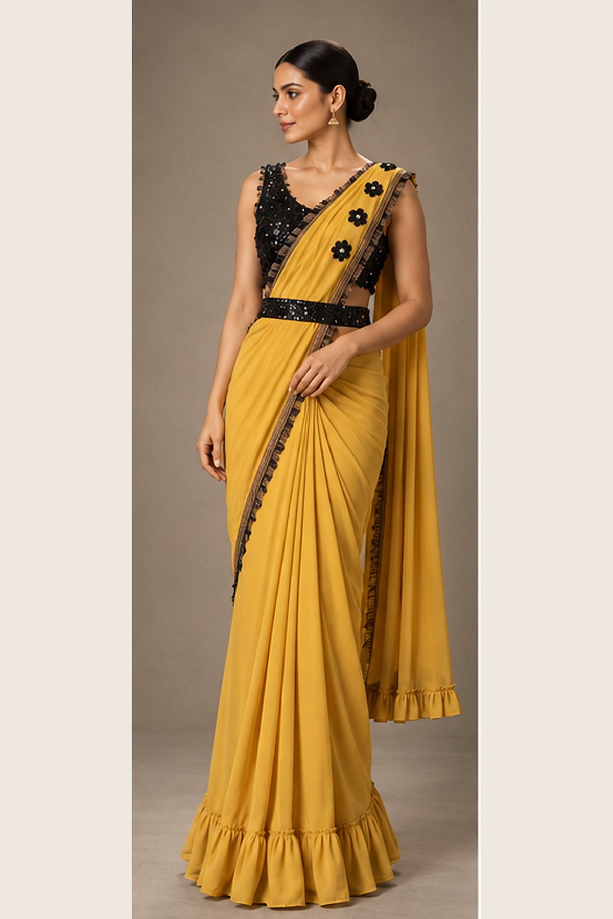 SYLE Ziya Mustard Black Saree full front view