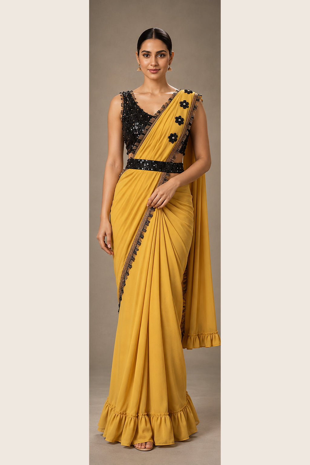 SYLE Ziya Mustard Black Saree front hero view