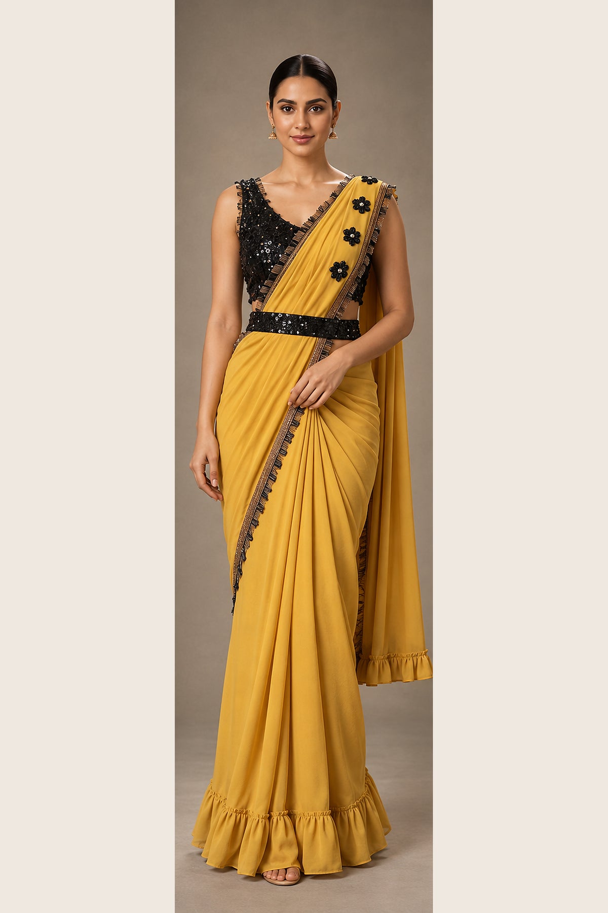 SYLE Ziya Mustard Black Saree front hero view