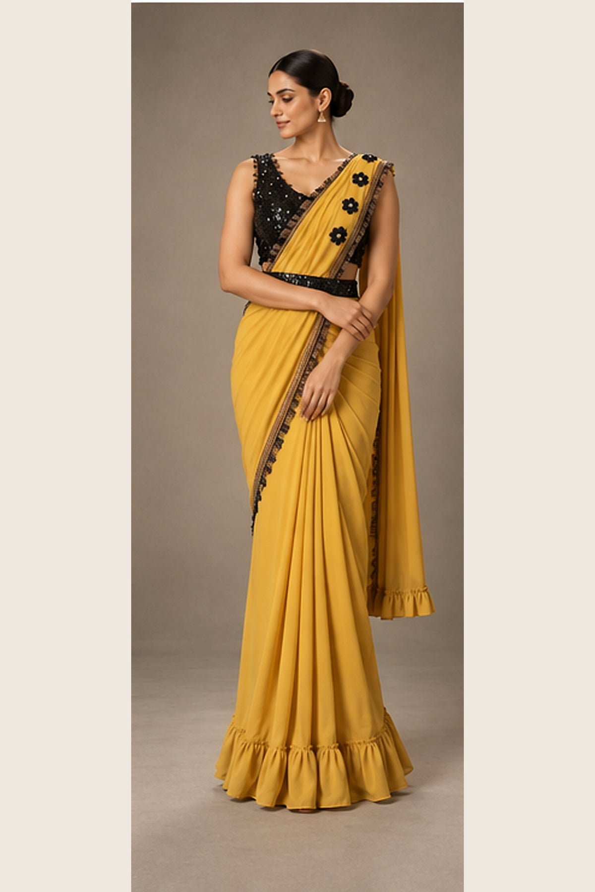 SYLE Ziya Mustard Black Saree styled full-length view