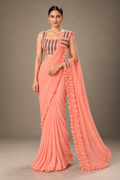 SYLE peach coral ruffle saree front view