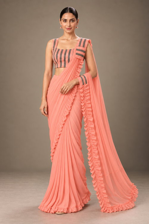 SYLE peach coral ruffle saree front view