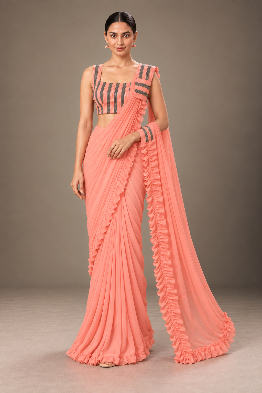 SYLE peach coral ruffle saree full front view