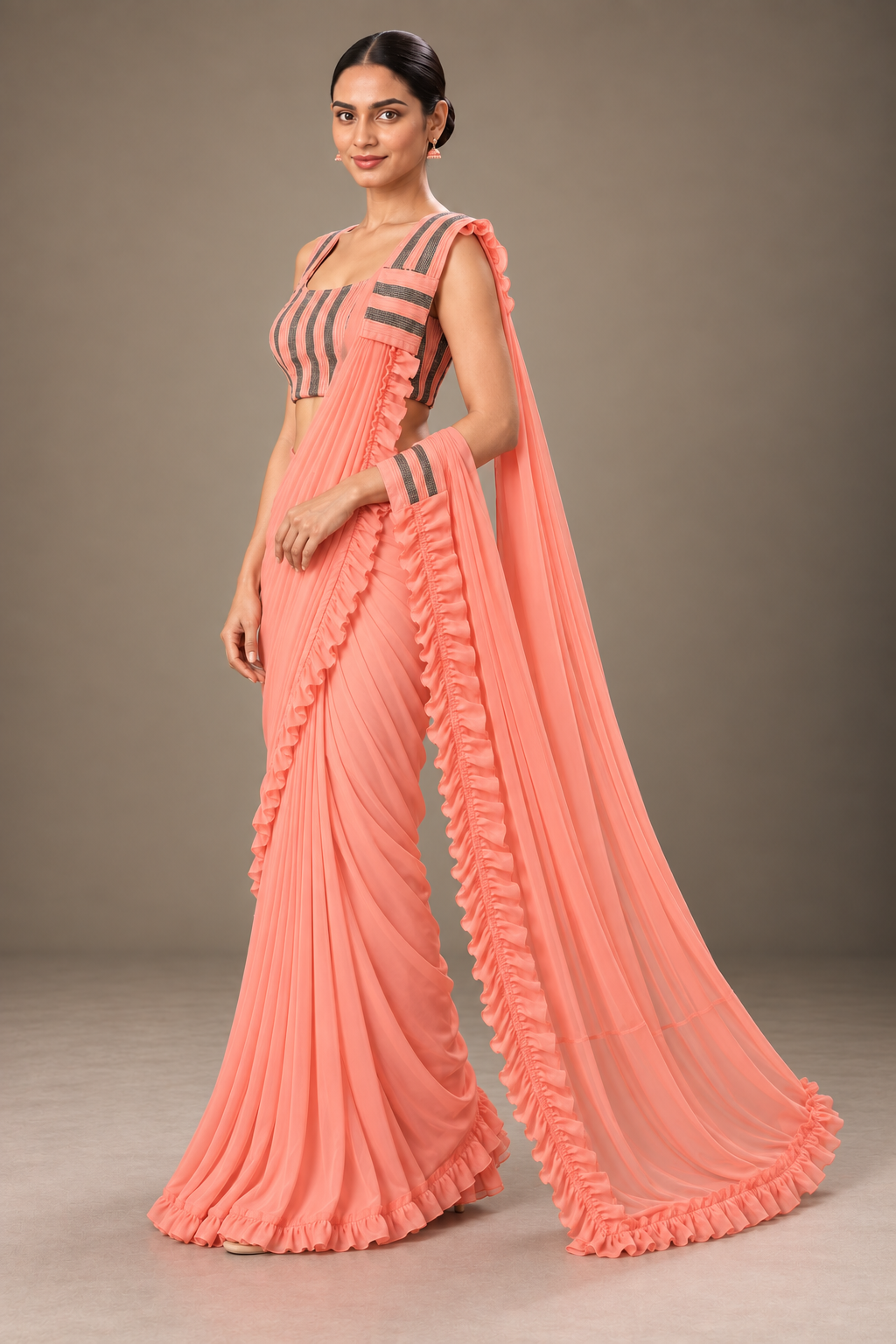 SYLE peach coral ruffle saree three quarter view