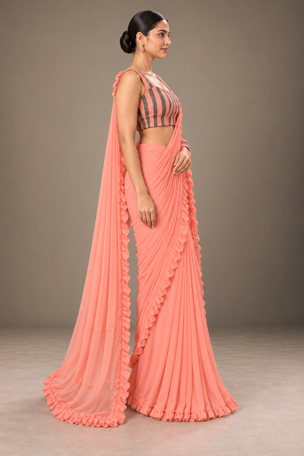 SYLE peach coral ruffle saree side view