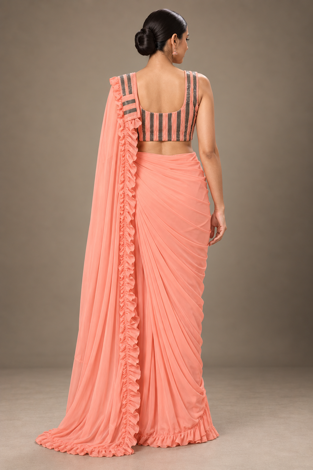 SYLE peach coral ruffle saree back view
