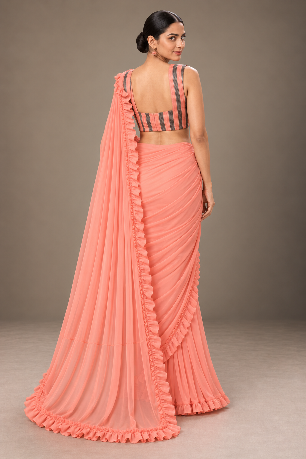 SYLE peach coral ruffle saree studio look