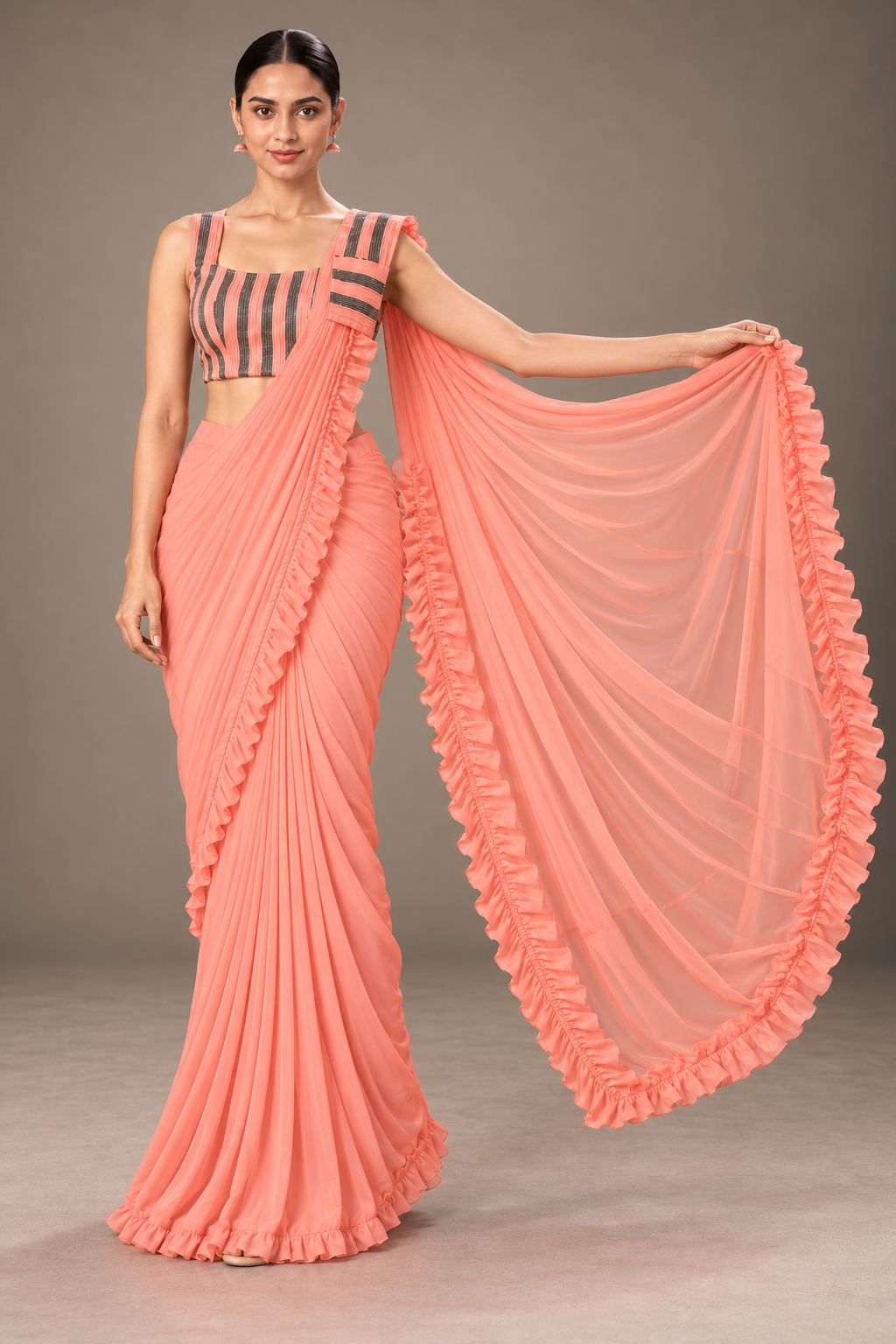 SYLE peach coral ruffle saree blouse and border detail