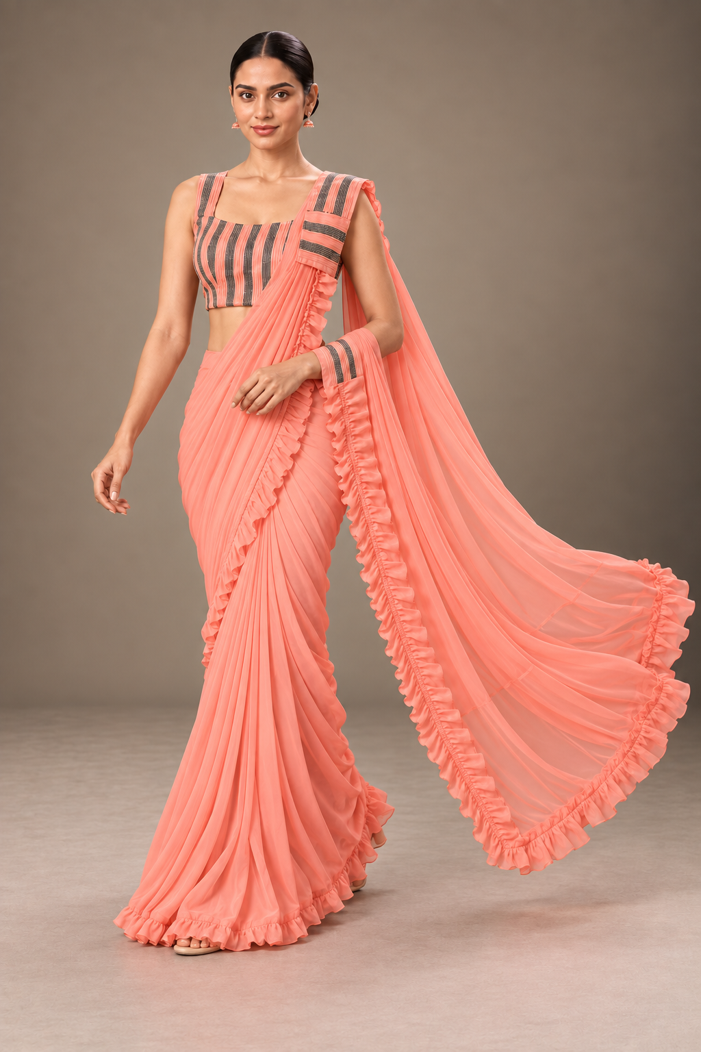 SYLE peach coral ruffle saree flowing pallu view
