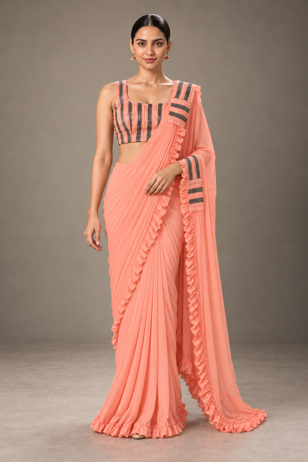 SYLE peach coral ruffle saree alternate full view